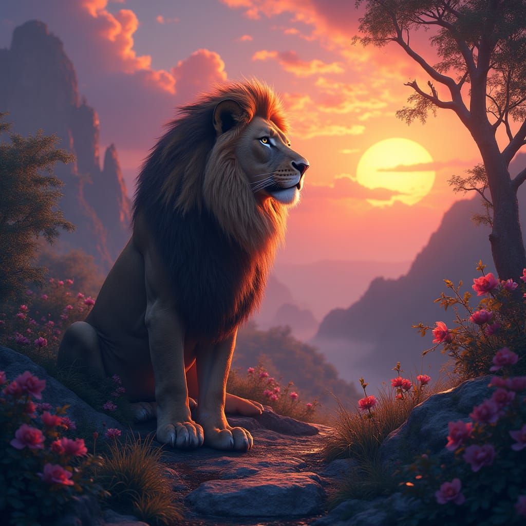 Regal Lion Amidst Vibrant Dreamscapes in Fantasy Concept Art...