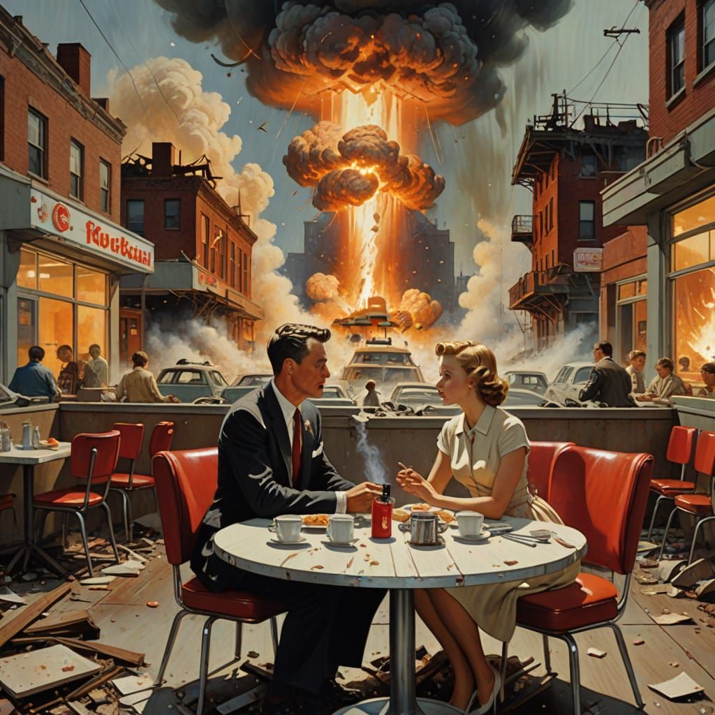 Romantic Diner Scene Amidst Post-Apocalyptic Ruin in Mid-Cen...
