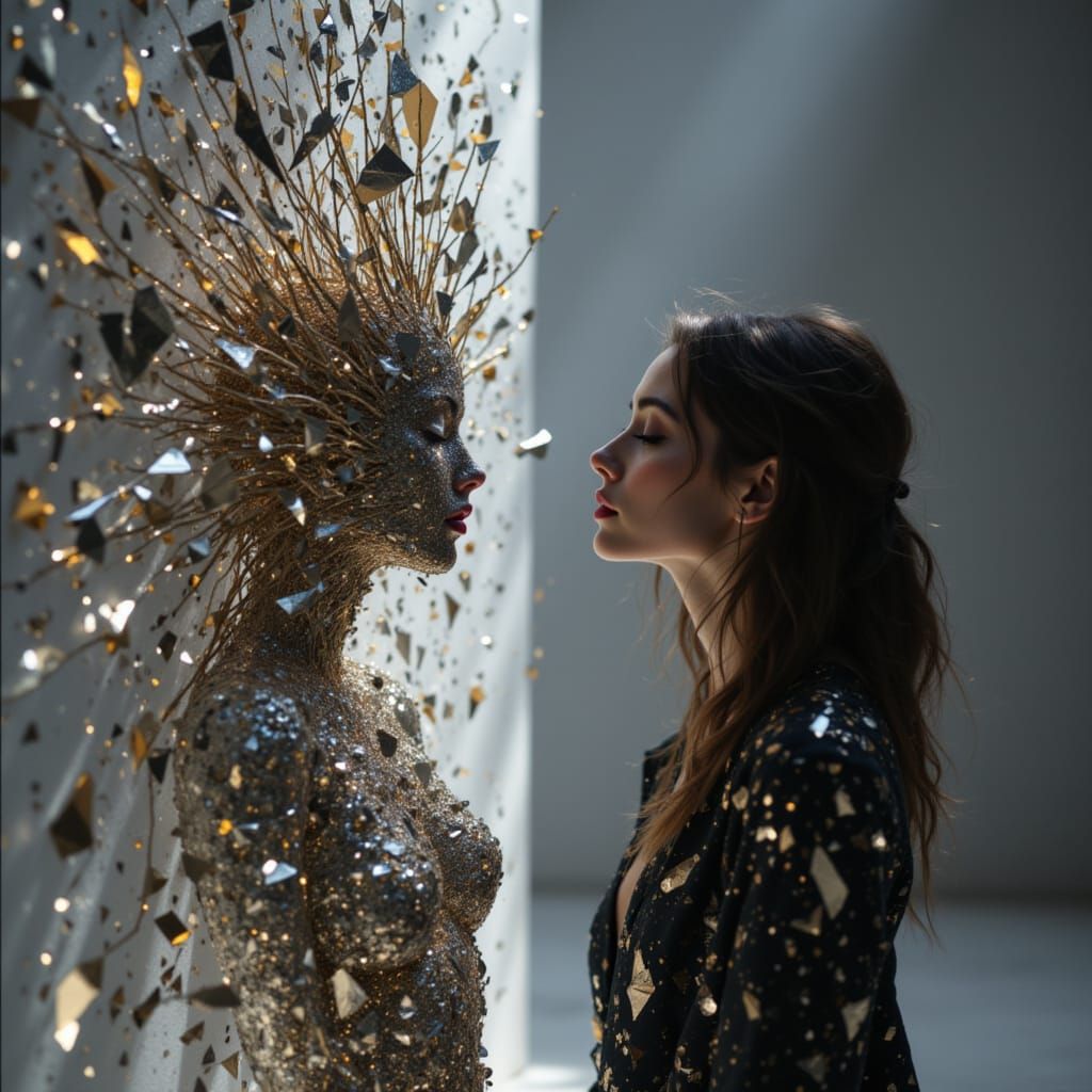 Woman Contemplates Abstract Metallic Sculpture in Stark Stud...