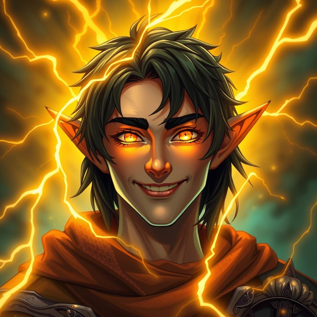 Golden Elf King Smiles Amidst Vibrant Lightning