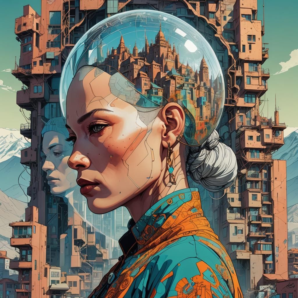 Dystopian Double Exposure Portrait in Moebius Style