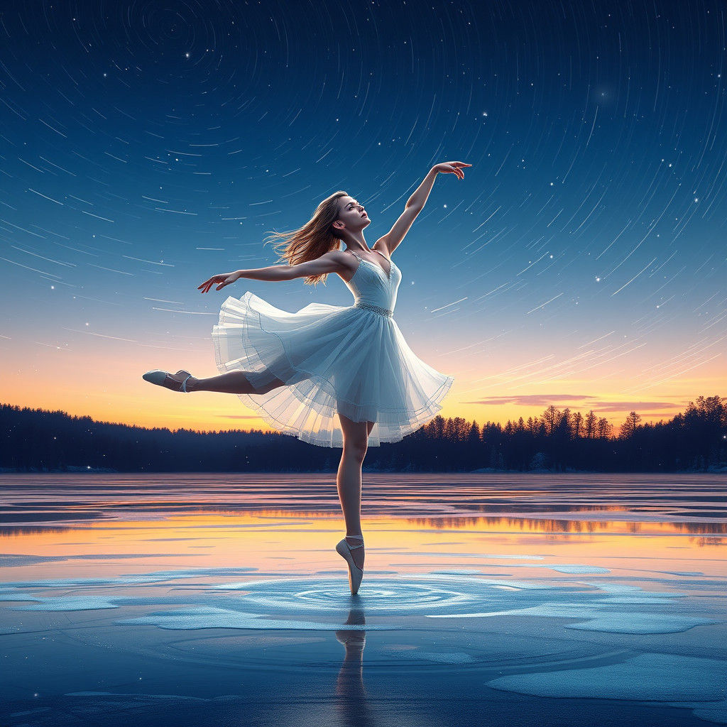 Ballet Dancer on Frozen Lake at Twilight in Anime Style