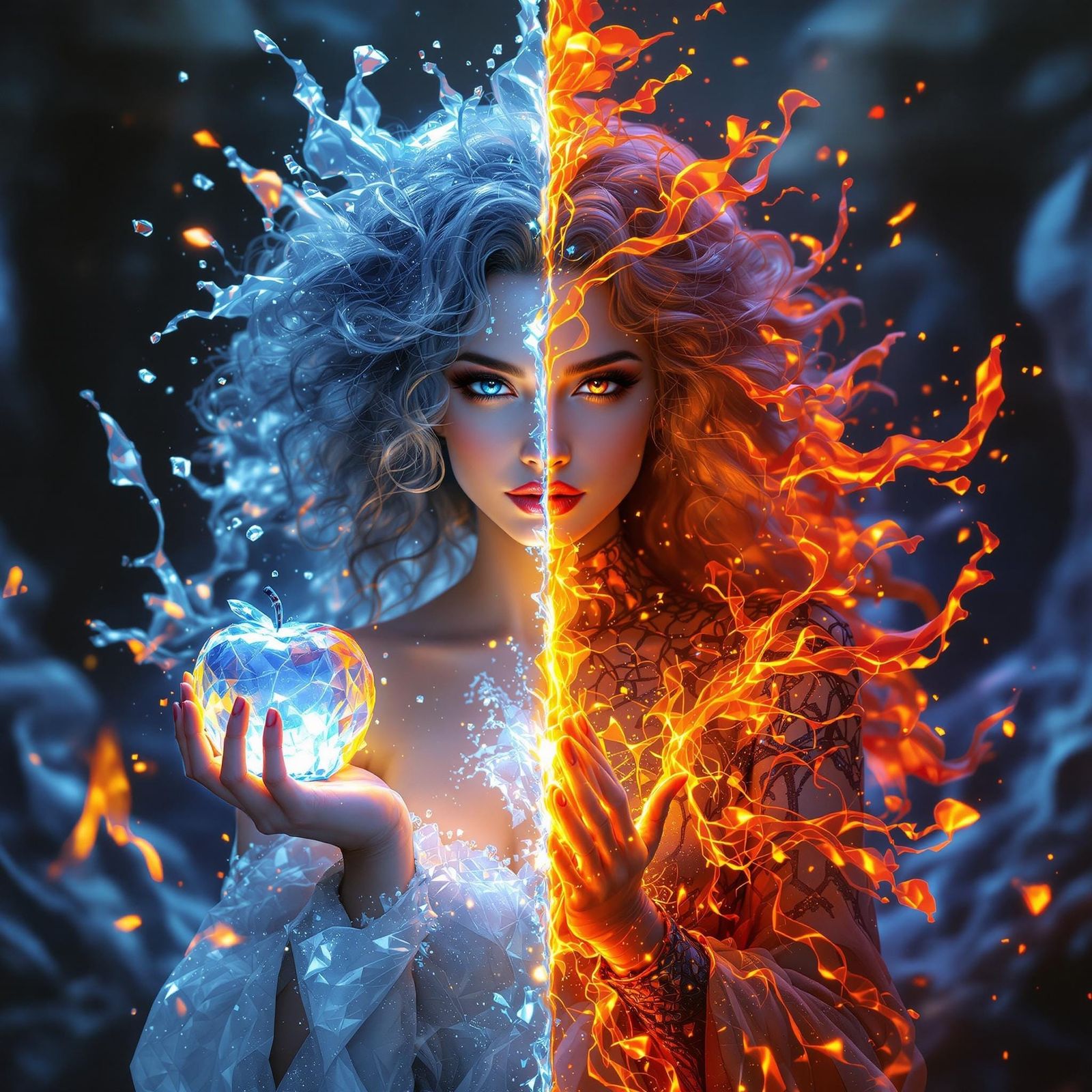 Woman Bridging Icy Serenity and Fiery Intensity in Enchanted...