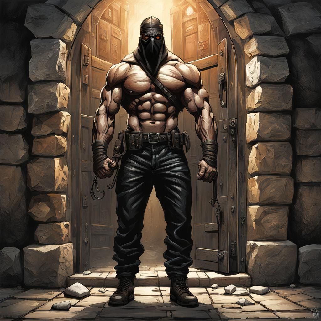 Hyperrealistic Executioner in Leather Mask and Trousers