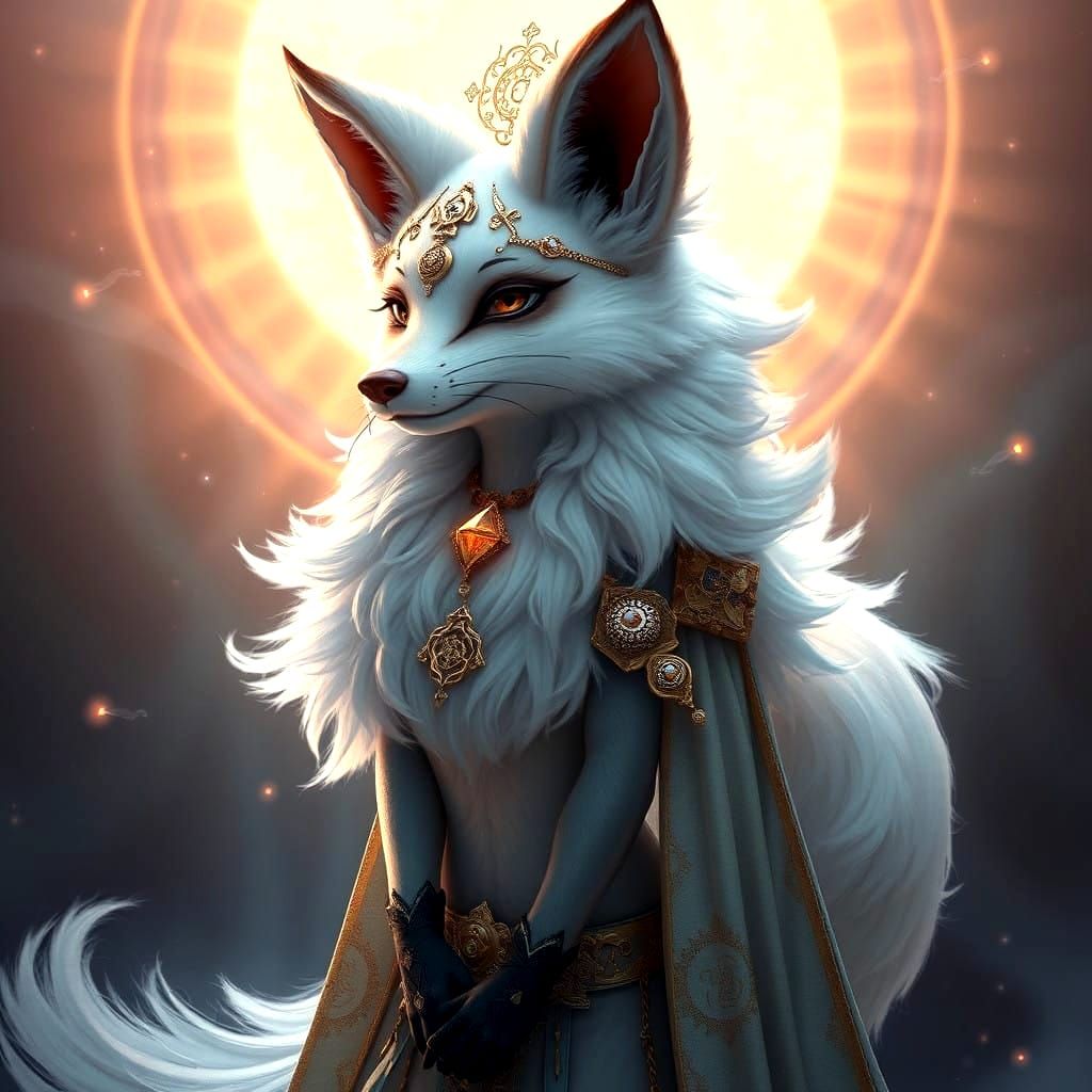 Divine Fox Goddess with Fluffy Fur and Intricate Jewelry