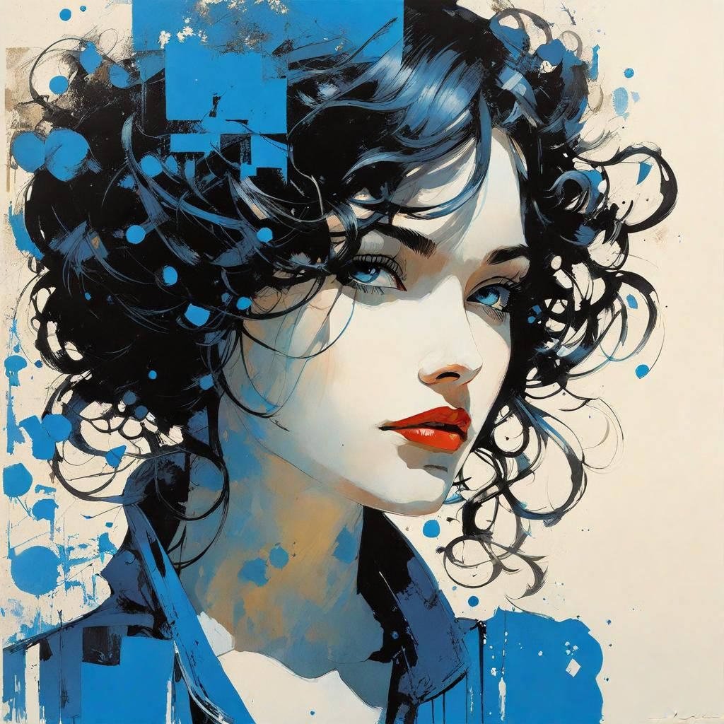 Blue-Eyed Girl: Cel-Shaded Lino Print Illustration