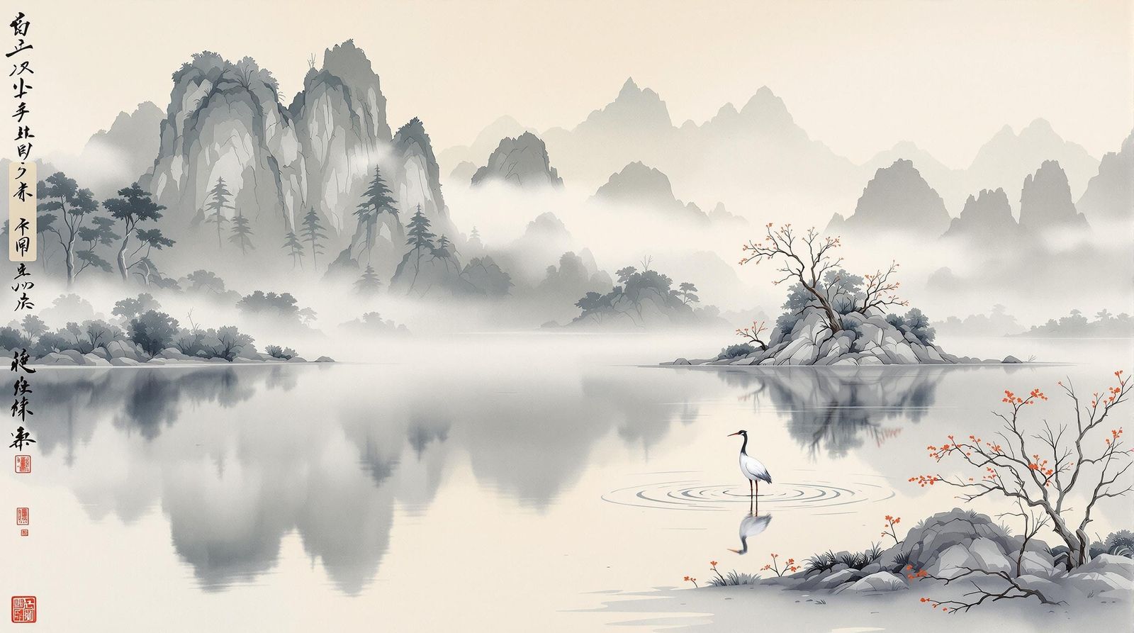 Crane in Lake: Classic Chinese Painting