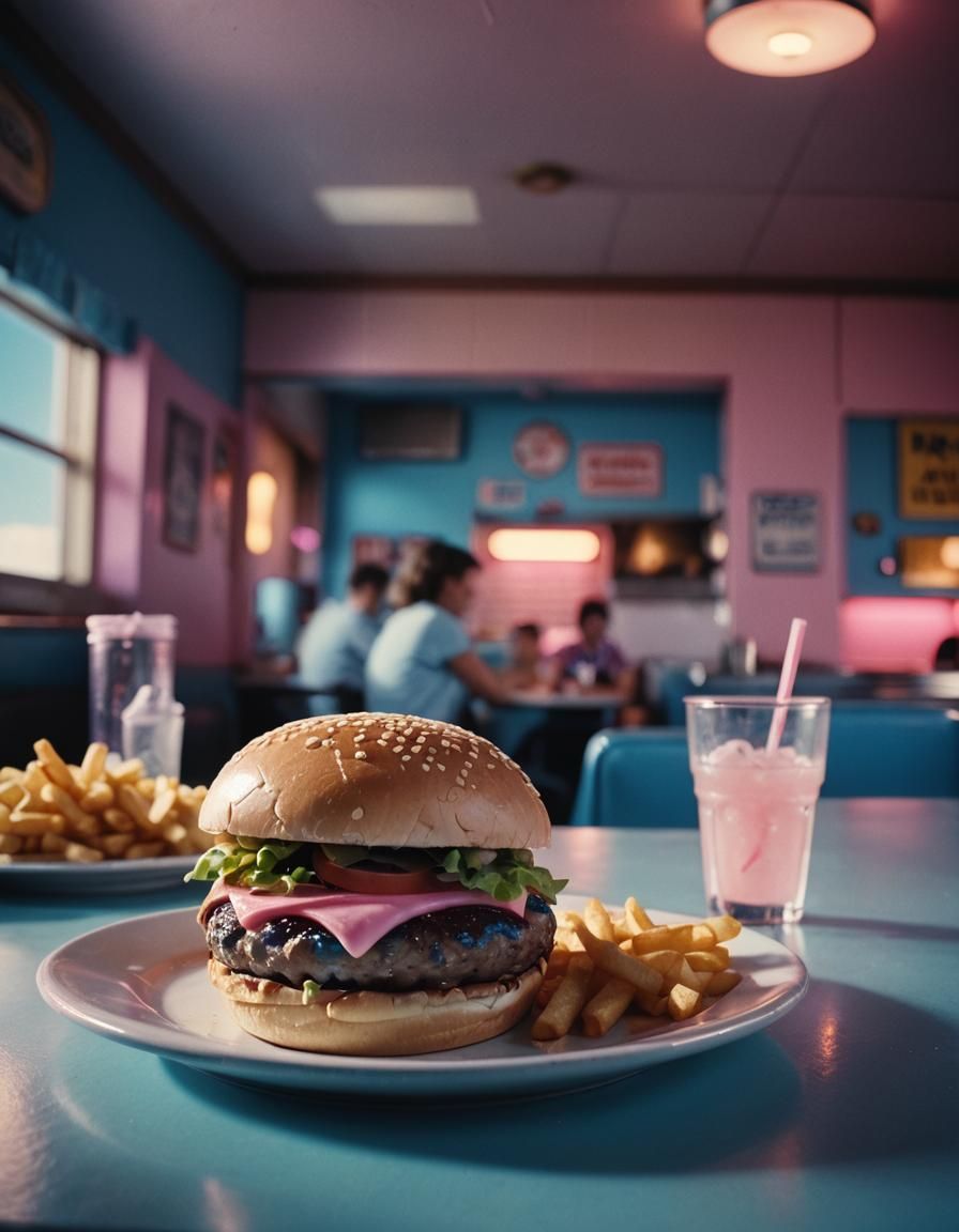 Cinematic Blue and Pink Burger in Diner