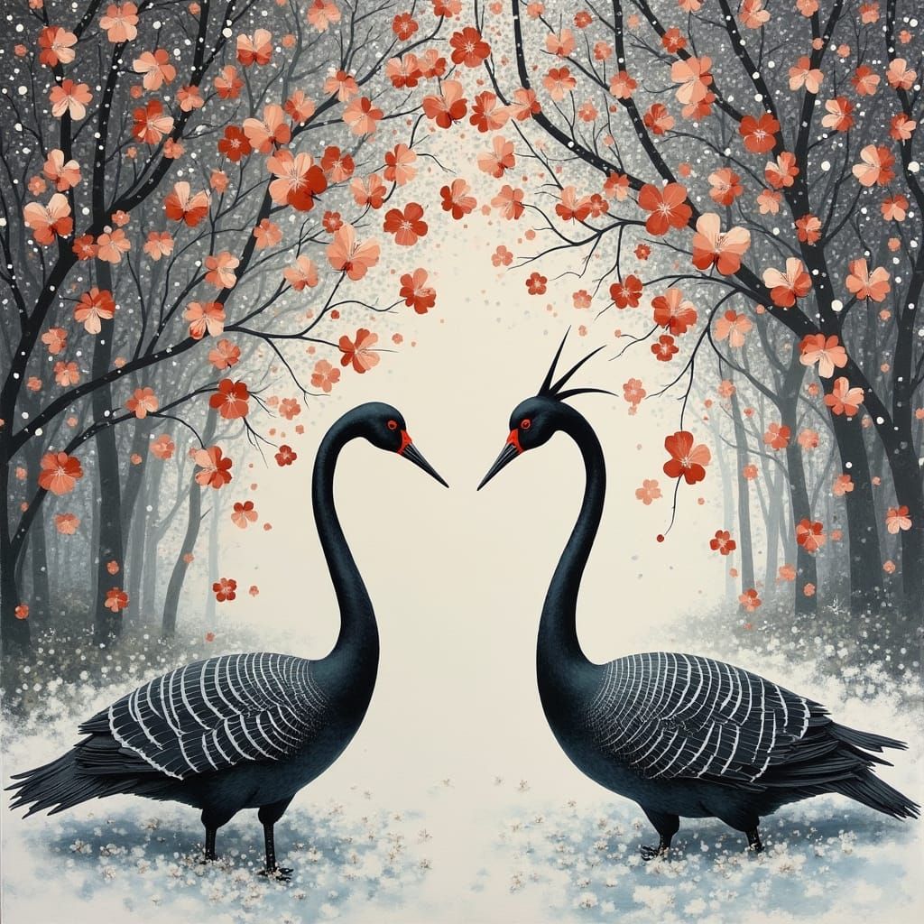 Encaustic Snow: Courting Japanese Cranes