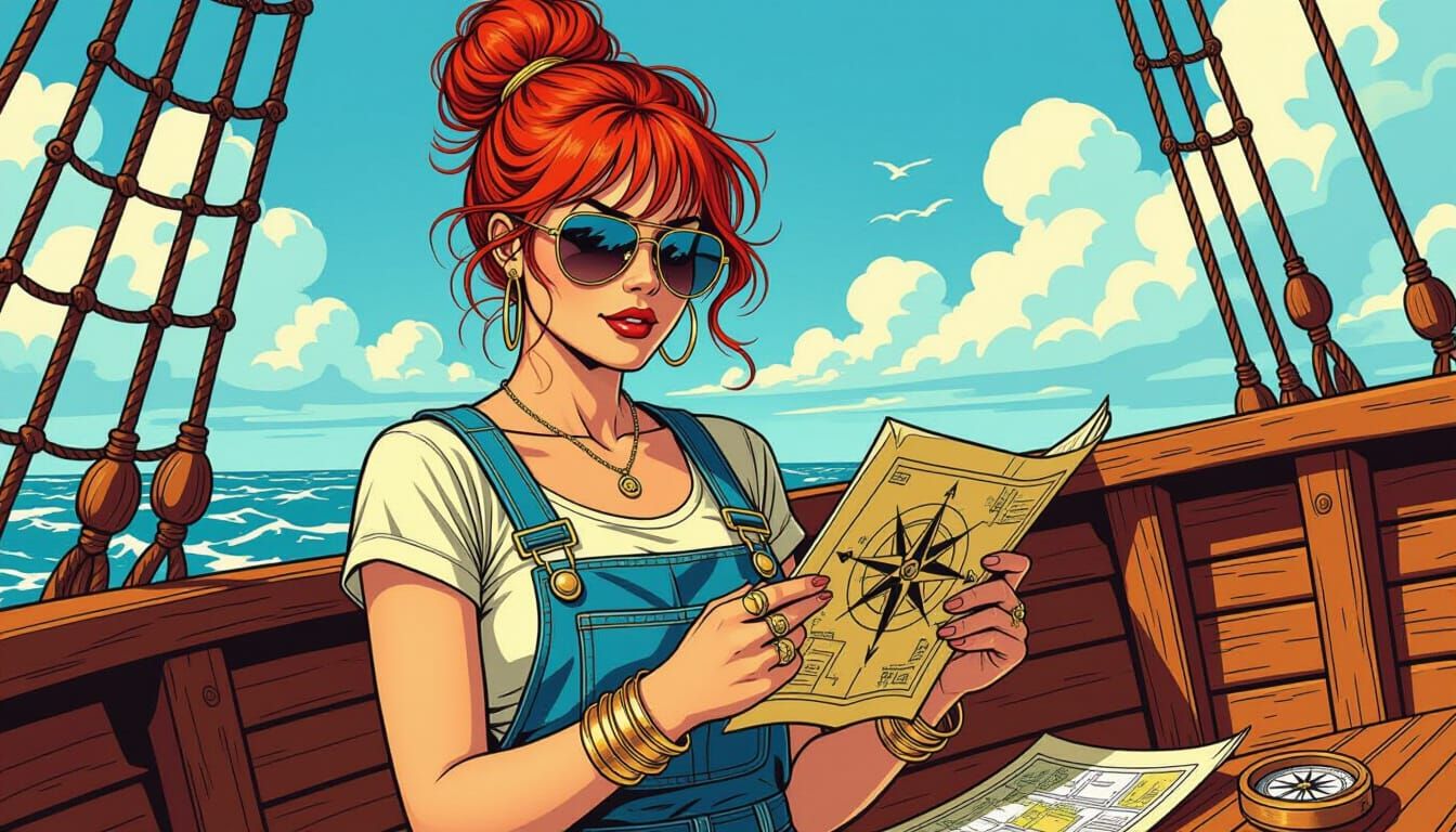Red-Haired Navigator on Pirate Ship, Comic Book Style
