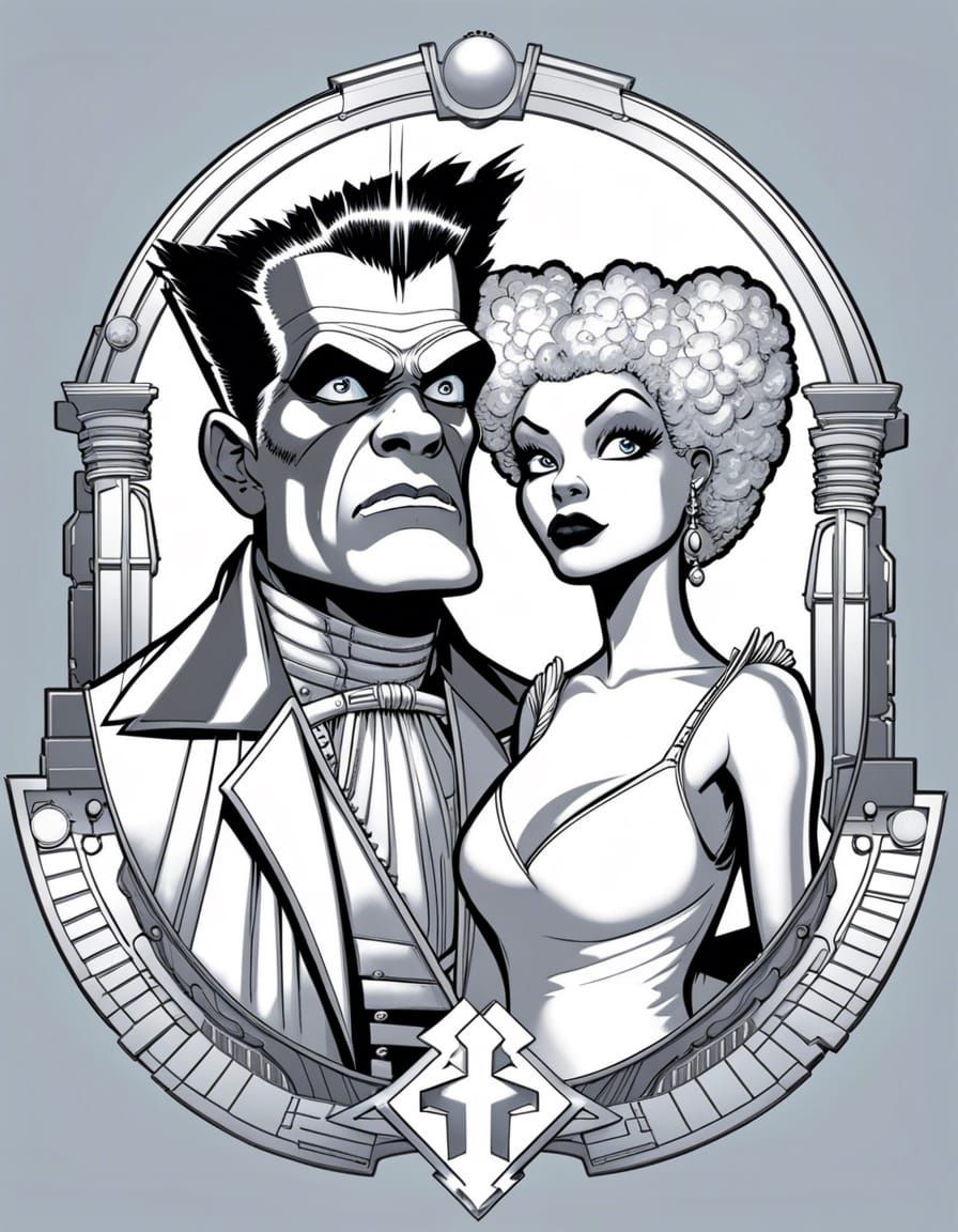 Frankenstein's Comic Book Couple in Classic Art Style