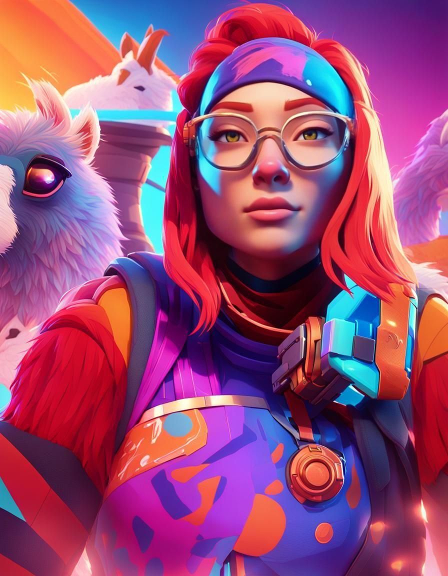 Fortnite-Style Female Character with Red Hair and Llama
