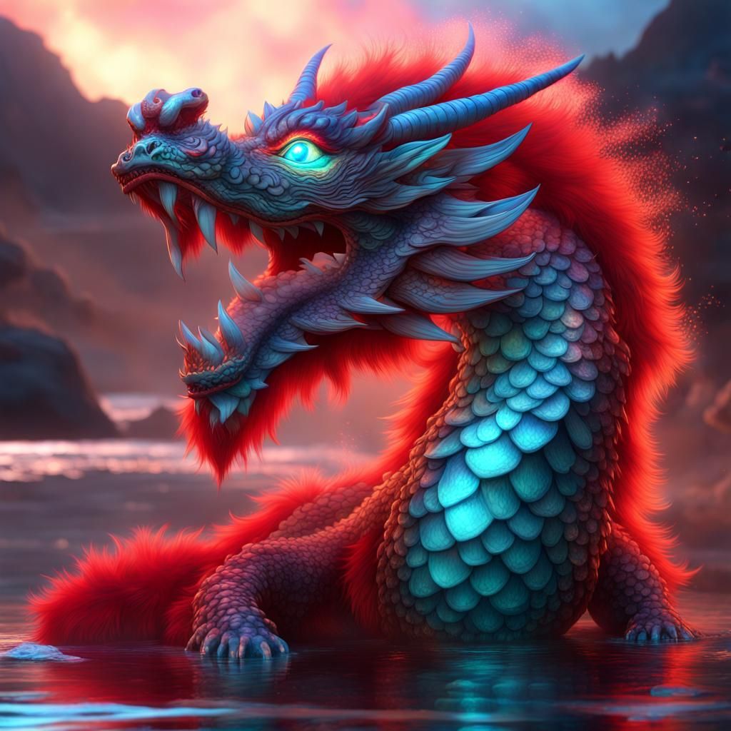 Happy Red Dragon in Bioluminescent Galaxy