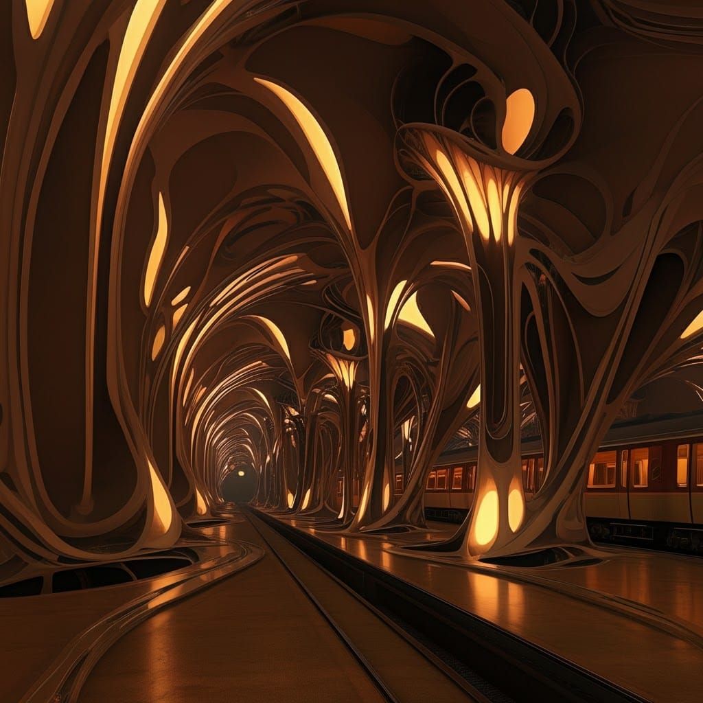 Futuristic Art Nouveau Train Station in Volumetric Lighting