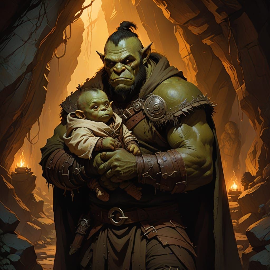 Orc Father and Child in Cozy Cave