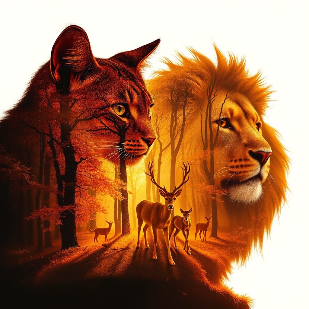 Double exposure silhouette of a cat and a lion, featuring an...