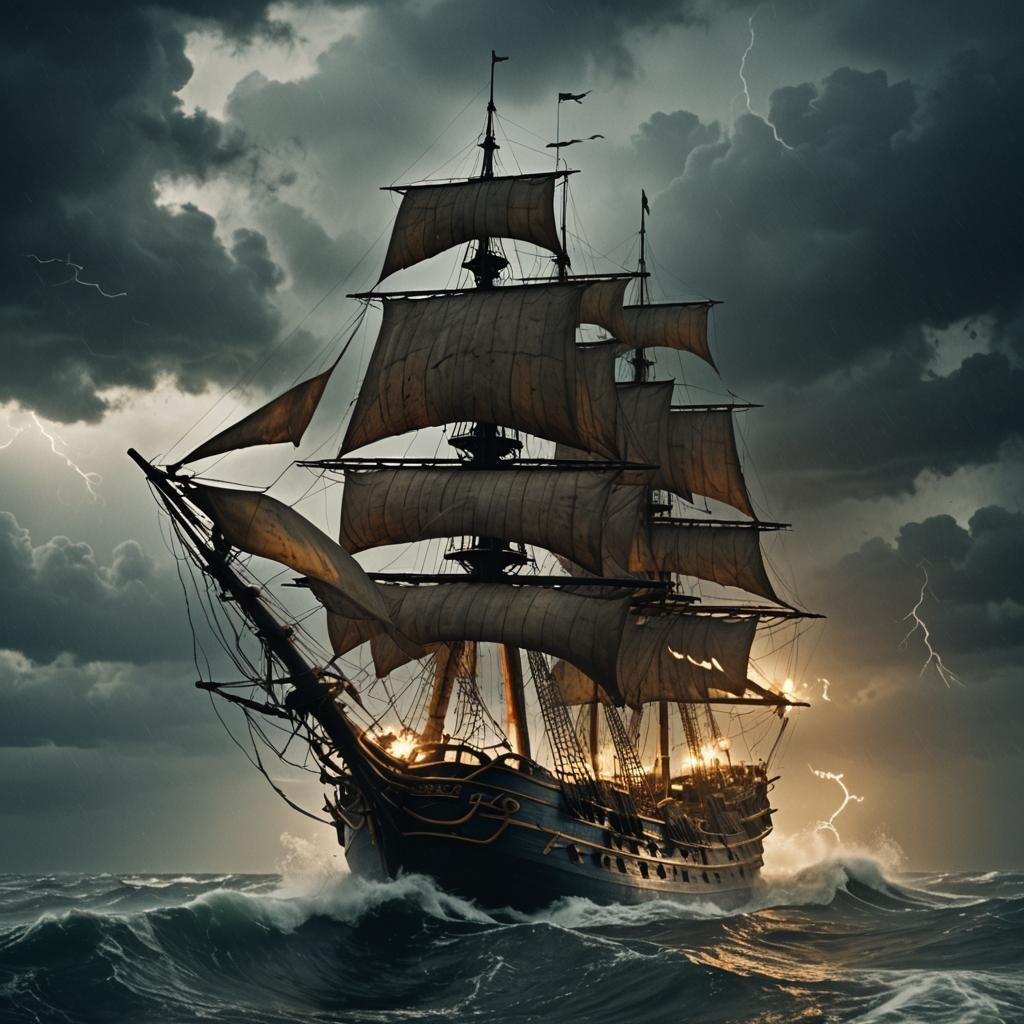Pirate Ship Sailing Stormy Seas: Cinematic Film Still