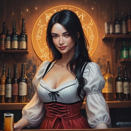 Bavarian Woman in Dirndl Dress in Oktoberfest Garden