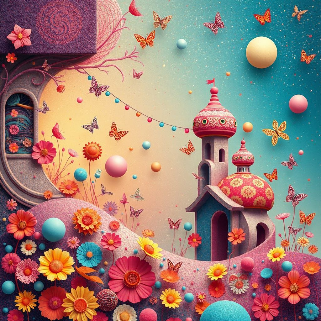Vibrant Whimsical Scene with Bold Colors and Textures