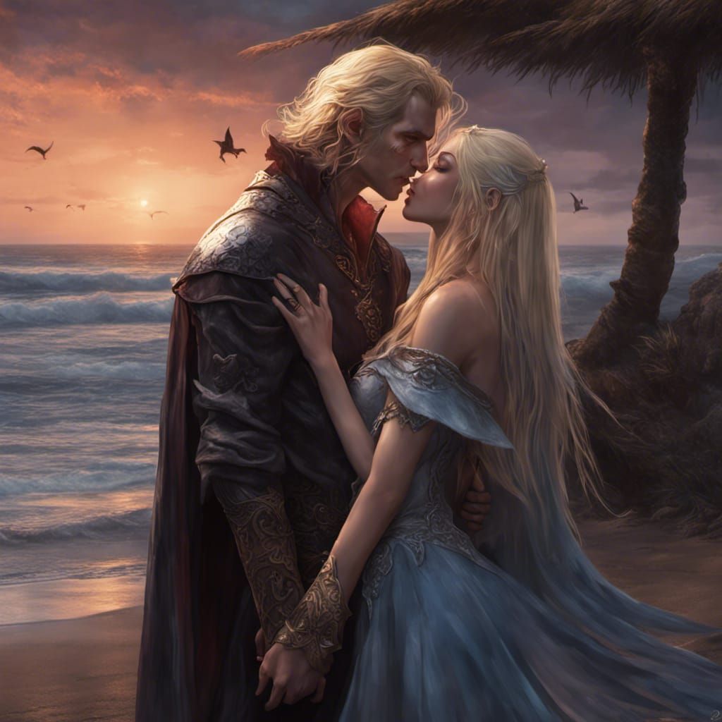 Vampire Prince and Elf Kiss at Sunset