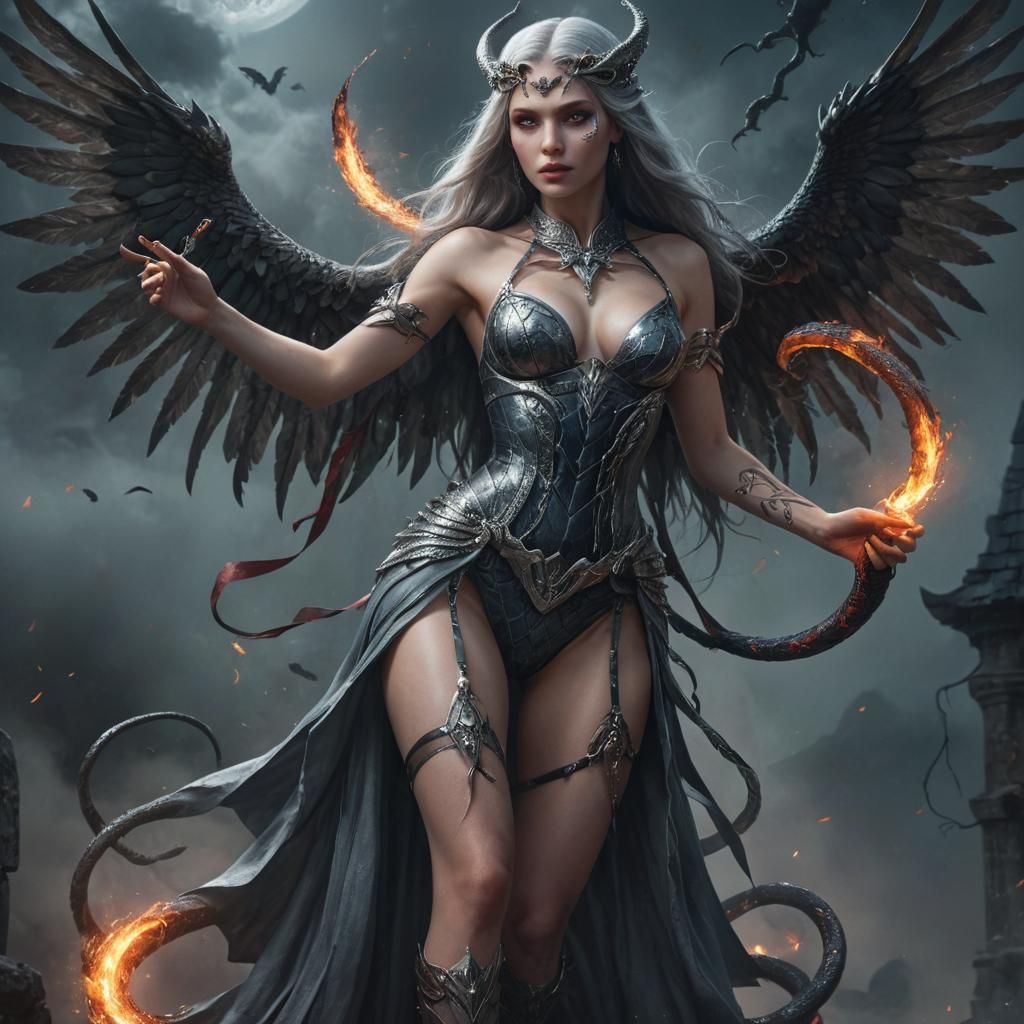 Winged Witch with Snake in Moonlit Glade