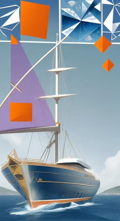 Geometric Fractal Yacht on Sea in Cubist Style