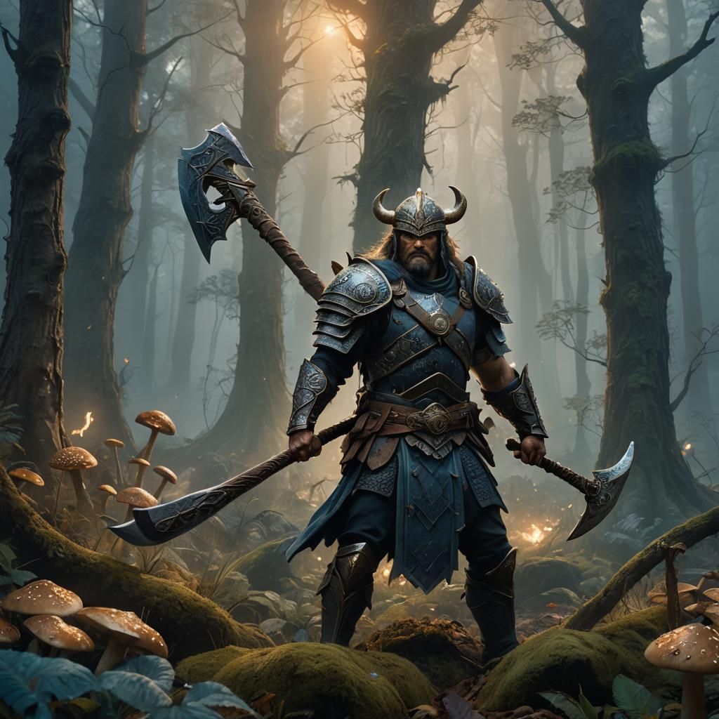 Heroic Warrior in Mystical Forest: Fantasy Concept Art