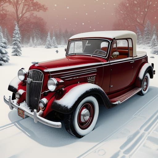 Santa drives a red vintage convertible with the top down in the snow. There is a brown sack filled with wrapped presents...