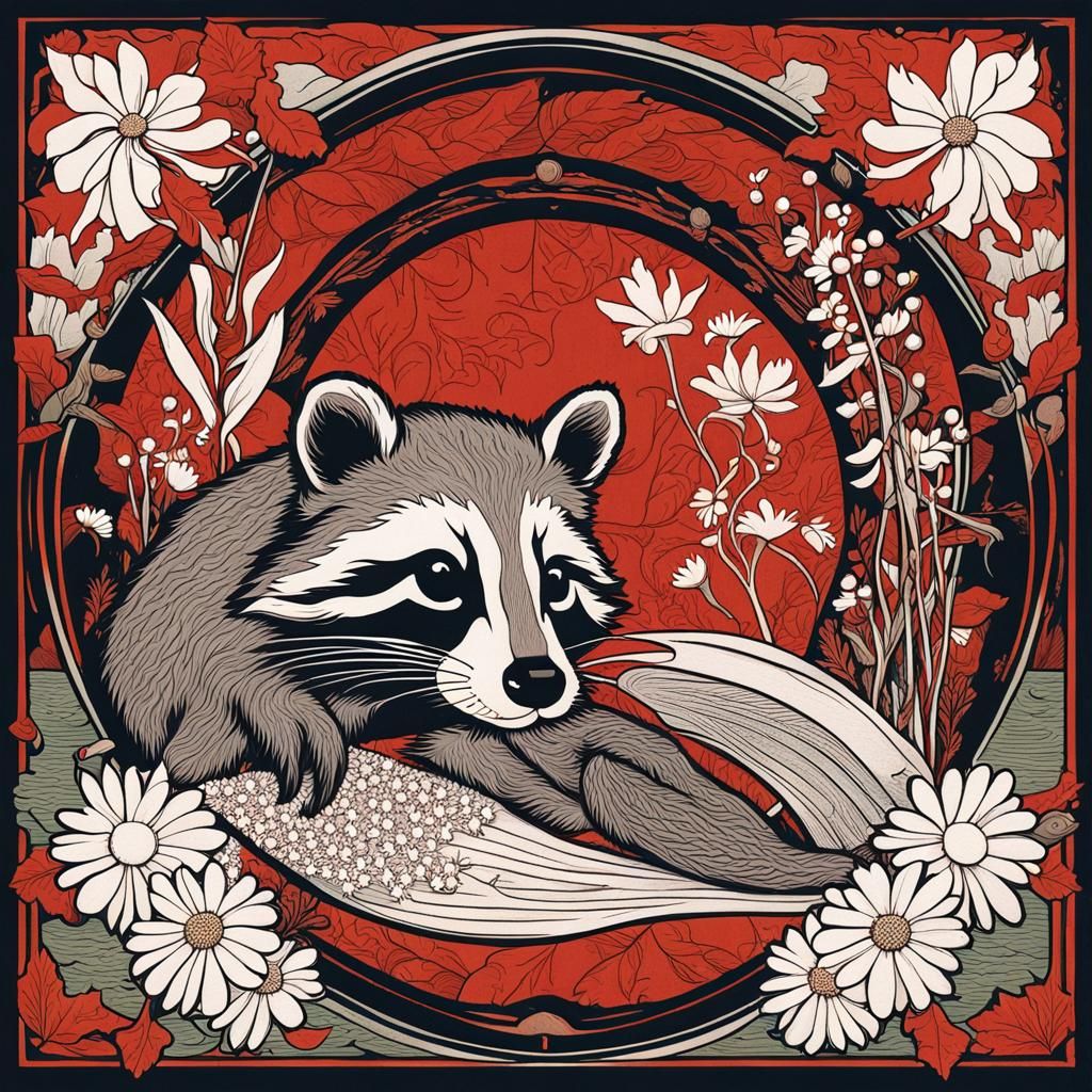 Raccoon and Mermaid in Art Nouveau Woodcut