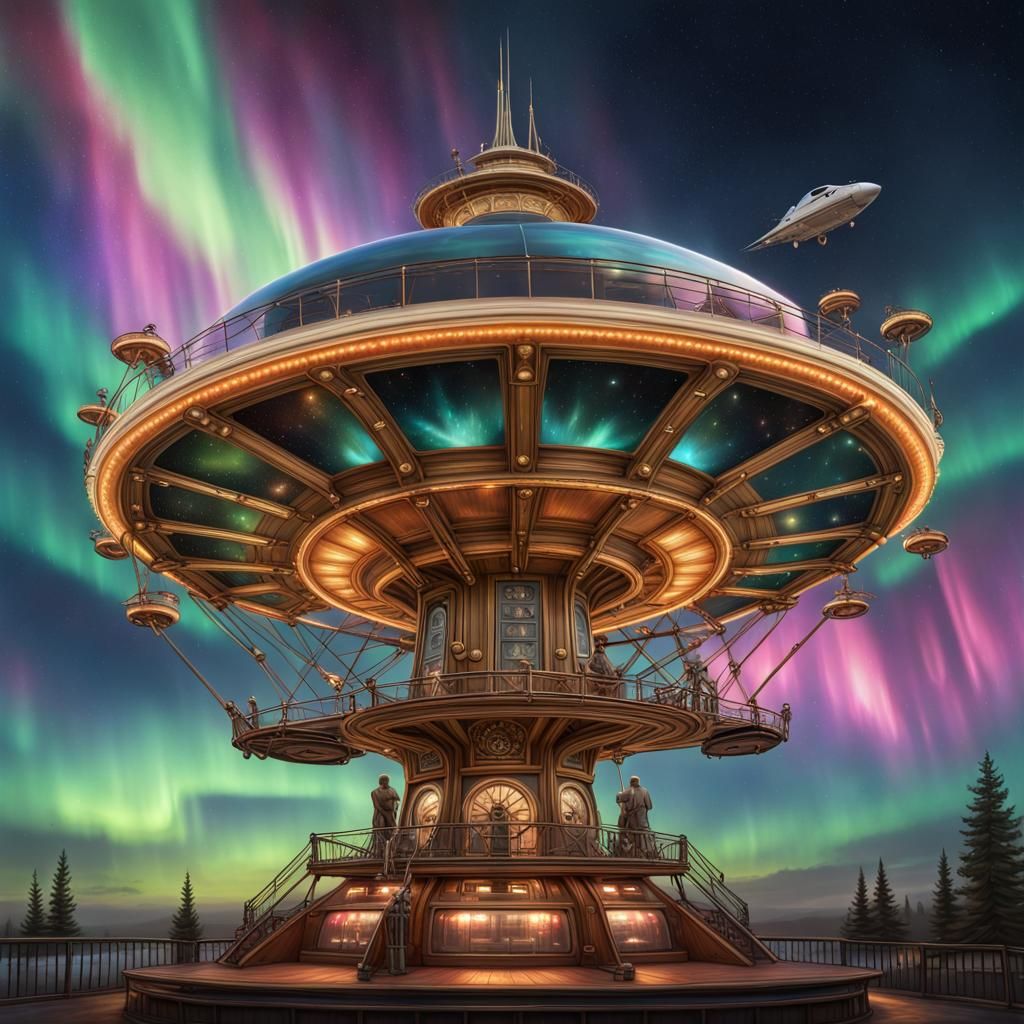 Steampunk Starship Lifts Off: Hyperrealistic Aurora Sky