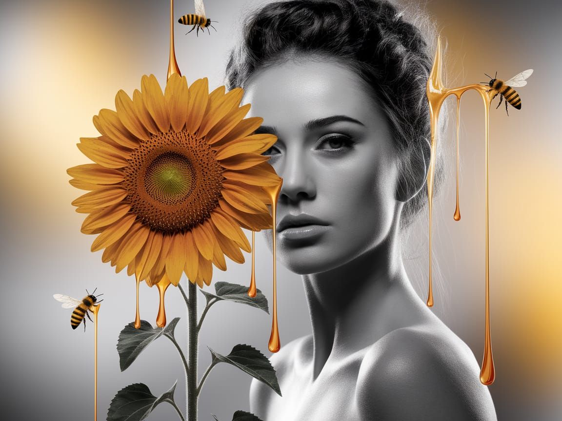 Golden Beauty with Sunflower and Bees