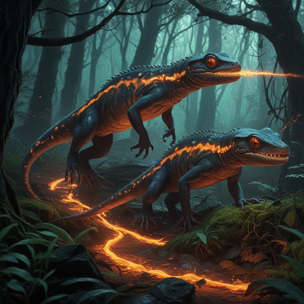 Ember Salamanders in Fiery Primal Forest Concept Art