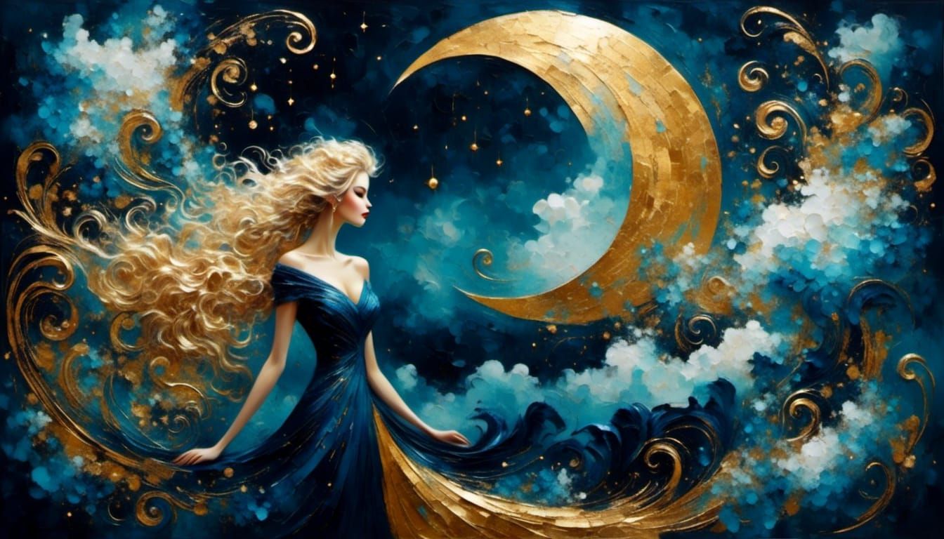 Woman Under Golden Moon in Dark Impasto Style