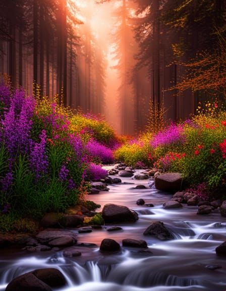 Surreal Forest: Fireflies and Lightning at Sunset