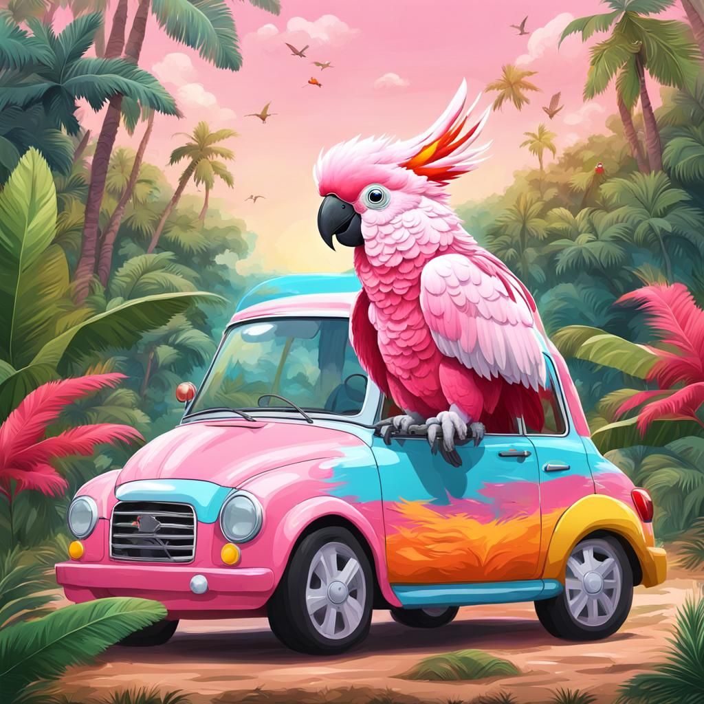 A pink cockatoo and his toy car