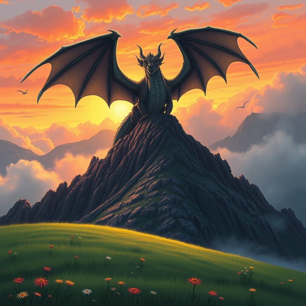 Regal Dragon Silhouette Amidst Vibrant Sunset Hues