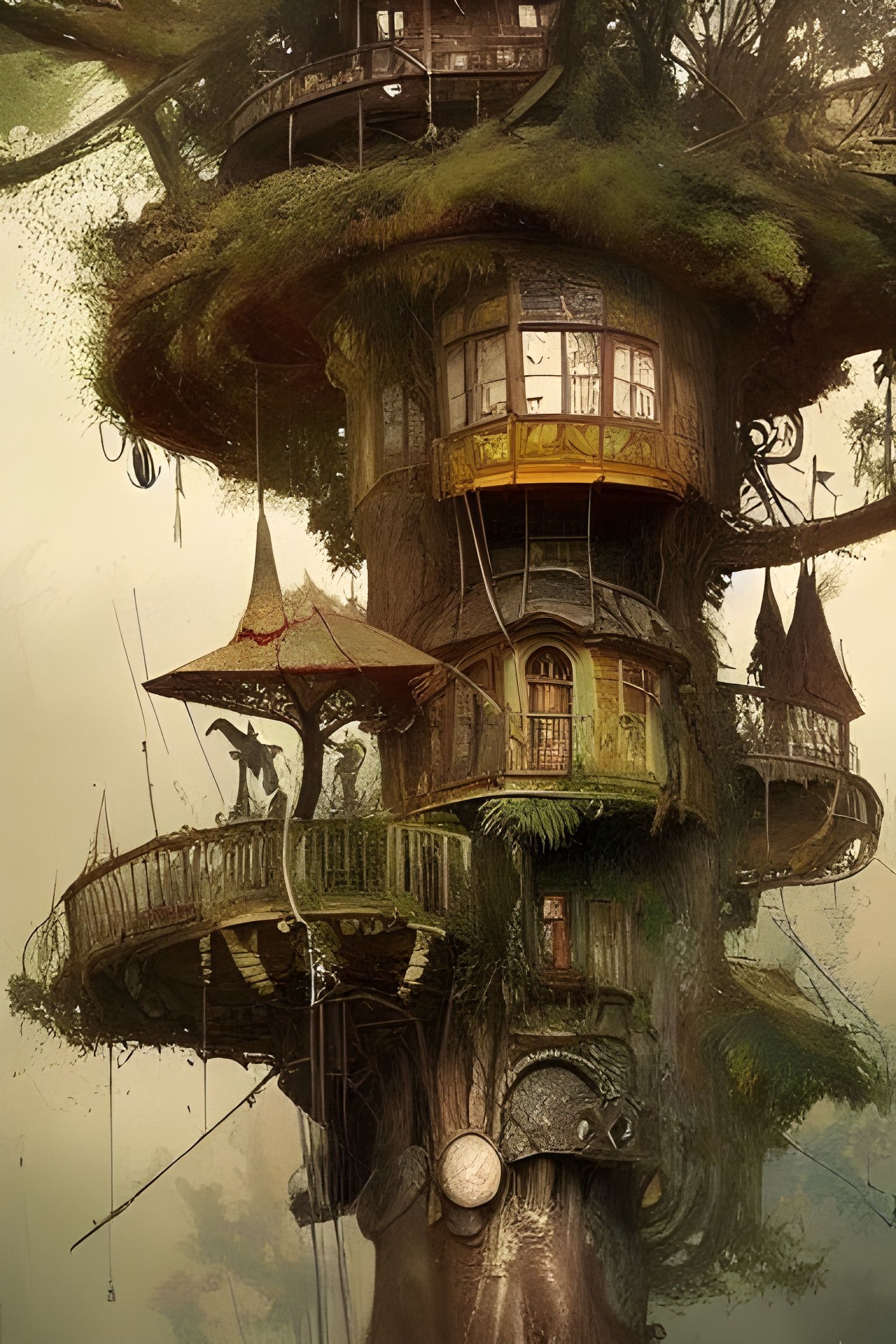Impossible treehouse on top of a giant tree