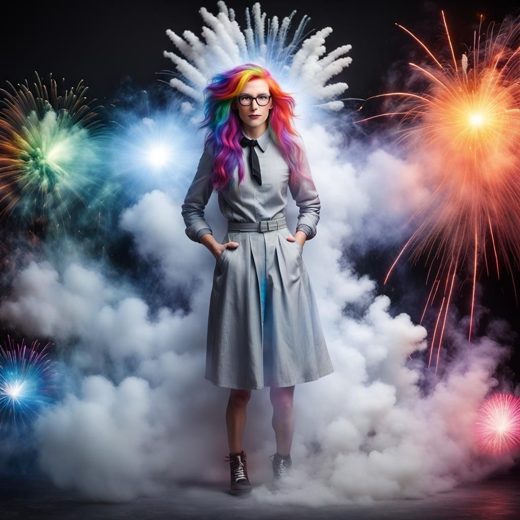 Rainbow Haired Woman Portrait with Fireworks