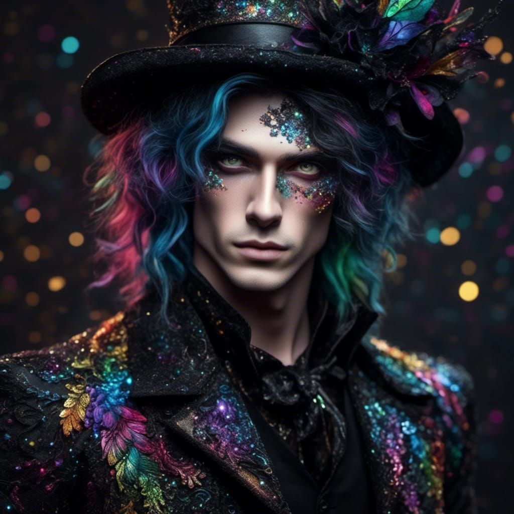 Goth Man Portrait with Rainbow Hair and Glitter