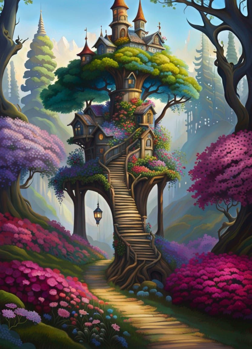 Enchanted Floral Tree-City in Fantasy Forest