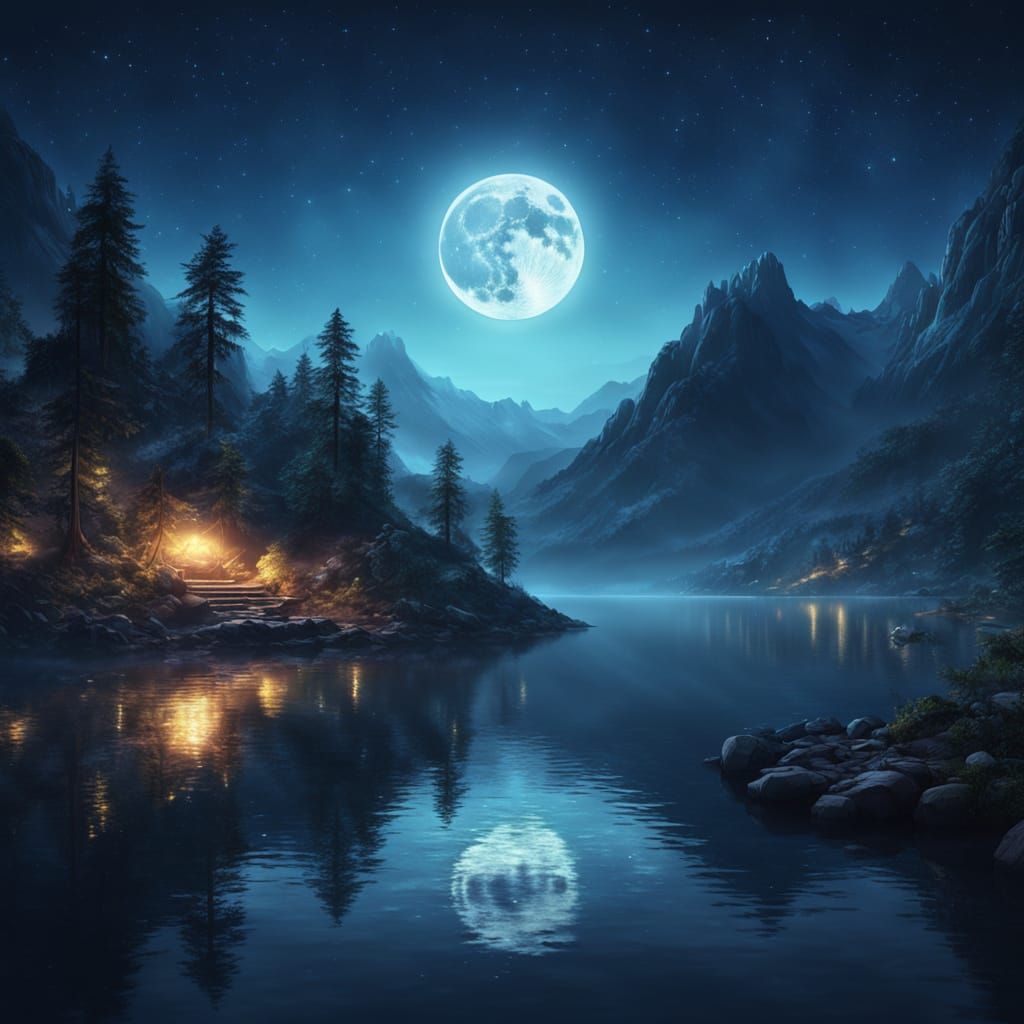 Night Lake Fantasy Art with Twinkling Starlight