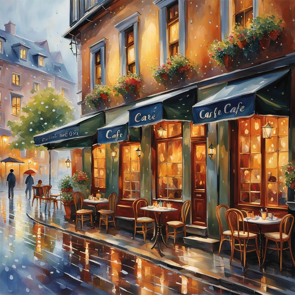 Cozy Cafe on Rainy Cobblestone Street
