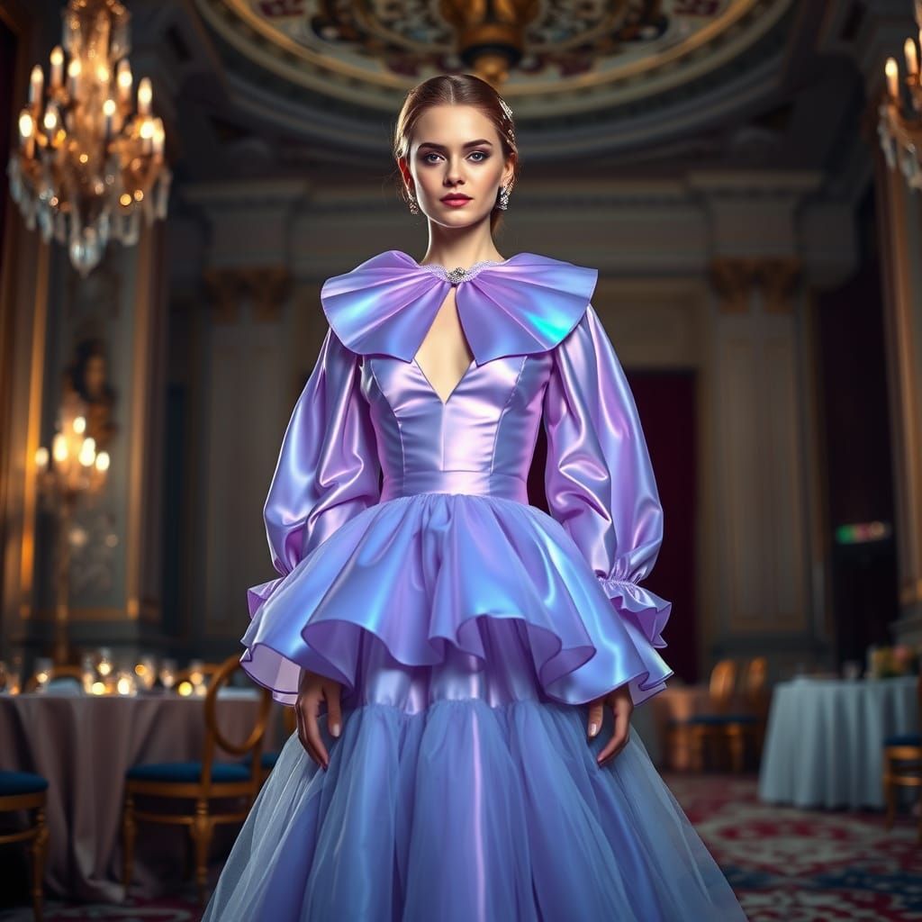 Elegant Woman in Grand Ballroom Gown with Iridescent Collar ...