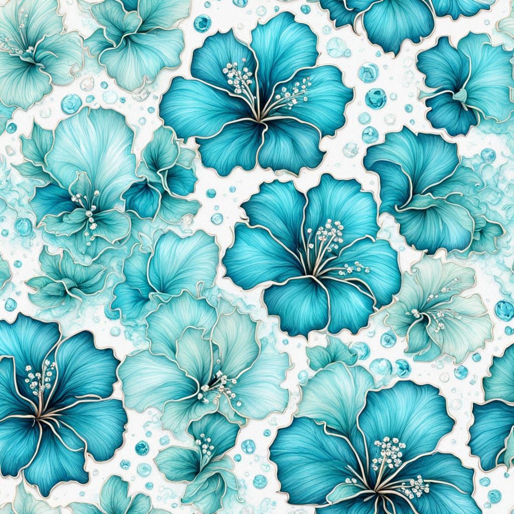 Aquamarine Crystal Hibiscus Flowers with Glitter
