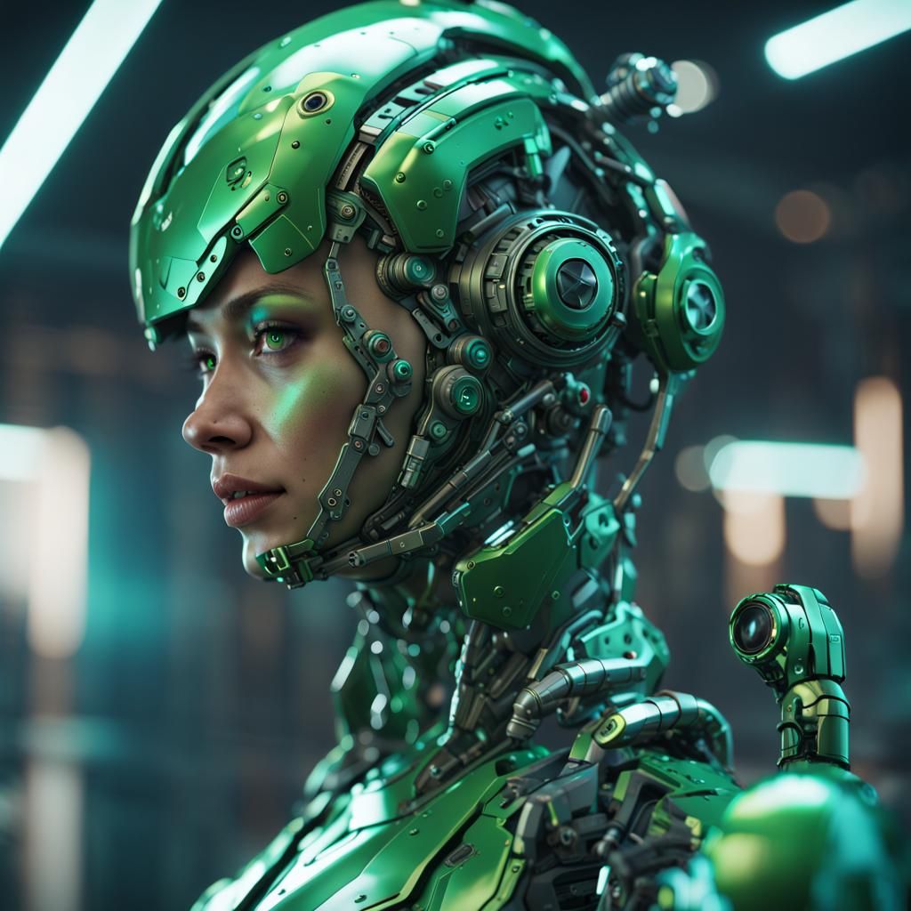 Cyborg Girl with Green Metallic Paint in Sci-Fi Style