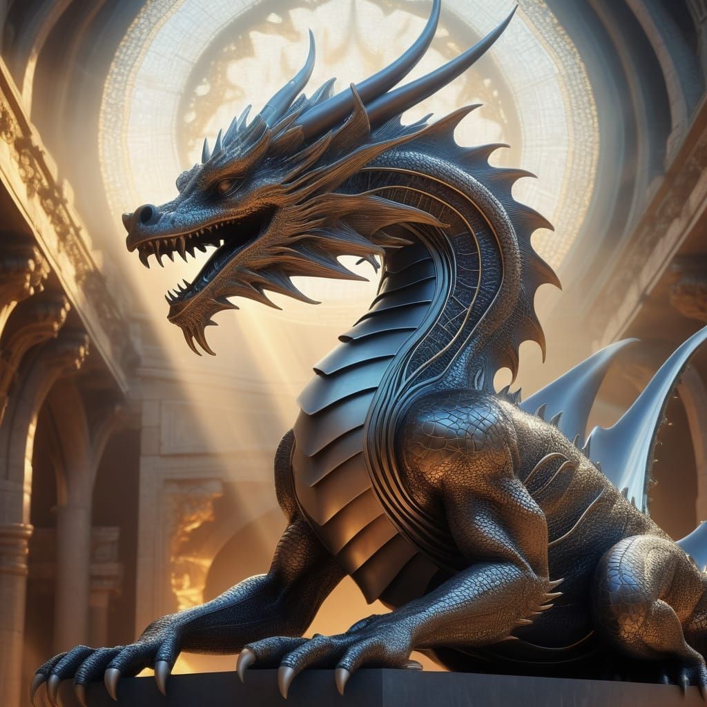 Biomorphic Dragon Sculpture on Altar in Ruined City