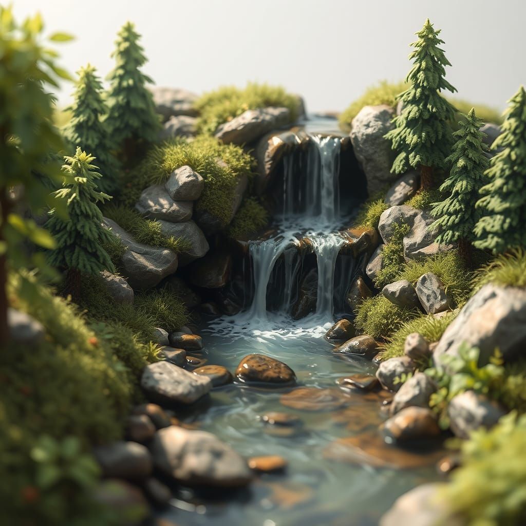 Anime-Style Miniature Waterfall in Forest Stream