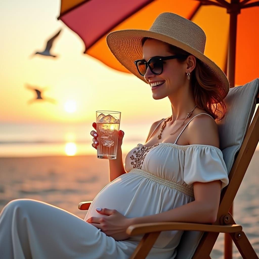Pregnant Woman Relaxing on Beach at Sunset
