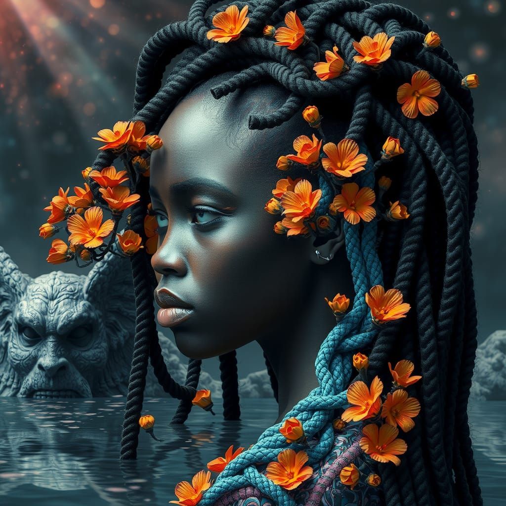 African Woman with Fiber Trees in Cyberpunk Style