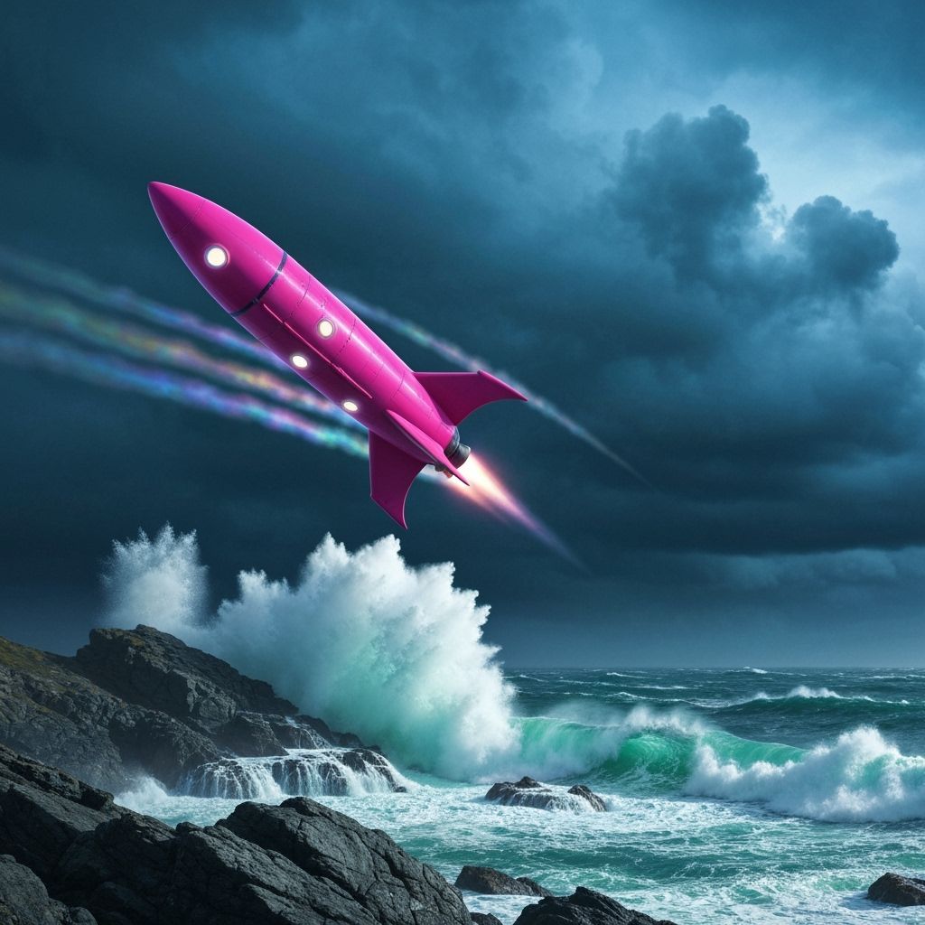 Pink Rocket Ship Soaring Over Stormy Sea